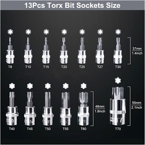 Torx han 1/2 '' top, 1/4 '', 3/8 '', T8-T70 13 dele, Plum forest i en fart