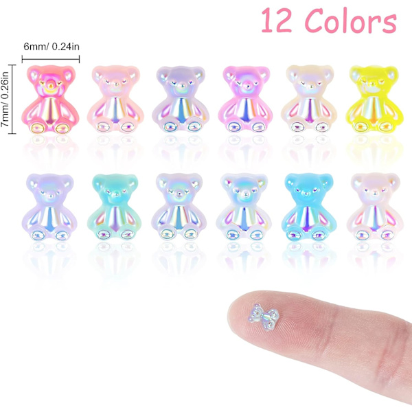 12 farver 60 stykker, 3D bjørn harpiks neglekunst dekorationer krystal bjørn negleperler til DIY manicure dekor ornamenter glitter