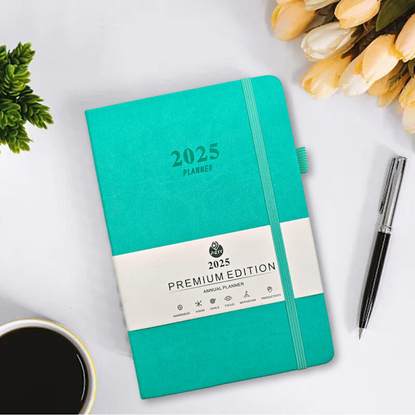 Kalender 2025 - Daglig kalender, ugentlig og månedlig med stift omslag, daglig tidsplan, månedlige faner, tykt papir 100 g/m², læderomslag