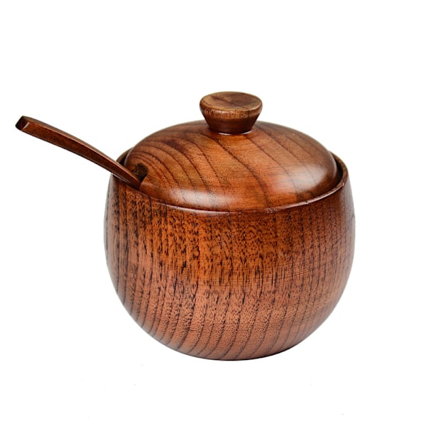 Trefat saltboks i tre, saltkrukke med lokk og skje, rund saltboks, saltbeholder, avrundet hjørnedesign, for salt, sukker, te, kaffe, krydder, kjøkken C