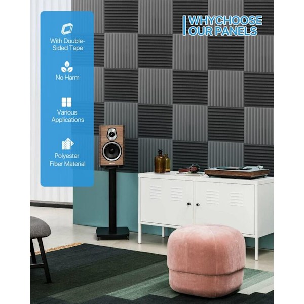 12-pack 30 x 30 x 2,5 cm Akustikskumplattor - Högdensitetsakustikpanel Reducerar Interiörljud och Eko för Inspelningsstudio/Hemma Kontor - RWPanne