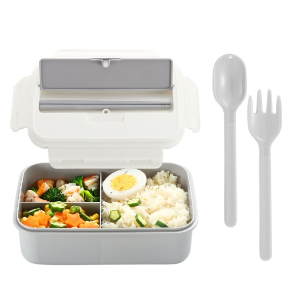 Bento Lunch Box, Food Box with 3 Compartments/Forks and Chopsticks, BPA Free, Microwave and Dishwasher Safe Meal Prep Container (Off White)