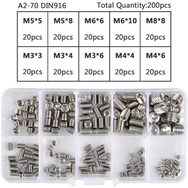 200 stk. Vis Allen Rustfritt Stål Sekskant Hodesett Metrisk Metall Profesjonelt Metalltilbehør M3 M4 M5 M8 M8 M8