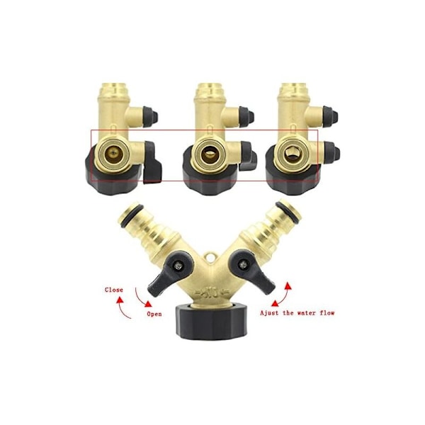 9,2x7x7cm Solid messing 2-vejs dobbelt hane adapter med individuelle on/off ventiler