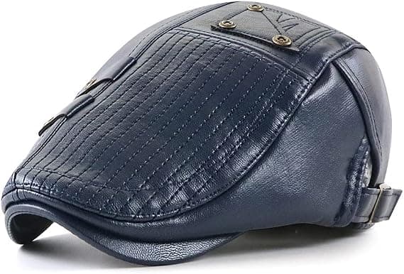 （Blå）Herrkeps Platt Hatt Justerbar Platt Basker PU Läder 56-60cm