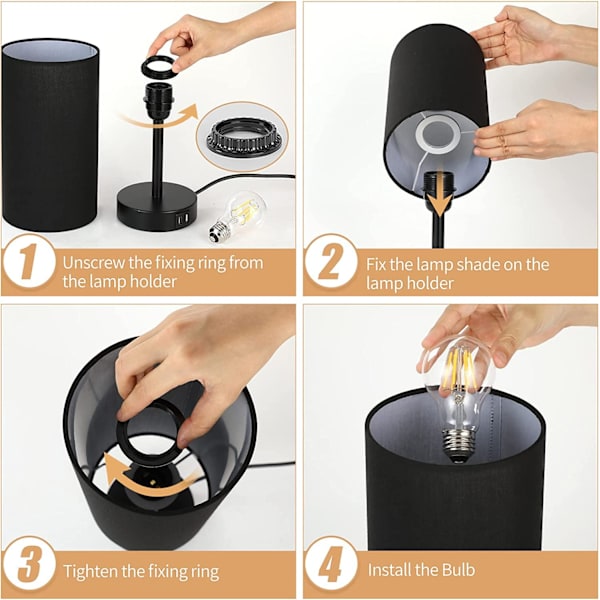 Nattbordslampe med USB-port - For stue, barnerom, studentbolig, kontor, svart skjerm