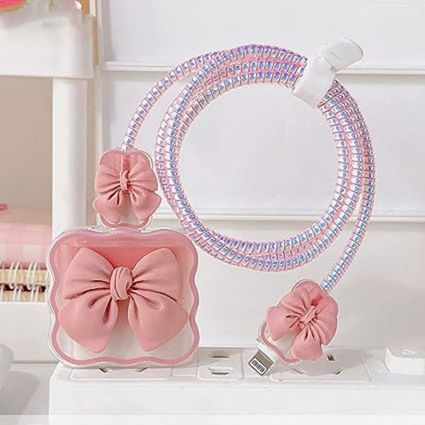 (Pink) Kabelbeskytter 18W/20W til iPhone-oplader, sød 3D-sløjfe kabelbeskytter oplader med spiraltov og endebeskytter, DIY USB-kabelbeskyttelse