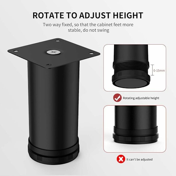 4 st 8 cm svarta justerbara möbelben i rostfritt stål för skåp bordsben soffben möbelersättningsfot, svart, 8 cm
