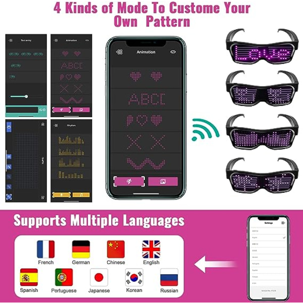 LED-briller for menn og kvinner Cyberpunk Light Up-briller LED Bluetooth Rave-briller Glow LED-briller USB-oppladbare med tekstgraffiti-animasjon Rhythm