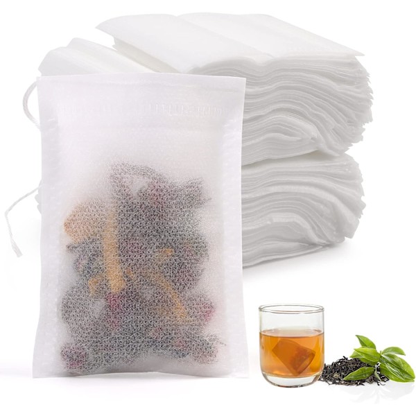 200 tepåsar med dragsko, små påfyllningsbara tepåsar, tomma påsar av non-woven tyg för kaffe, löst te och blomte - 7 x 9 cm, vit