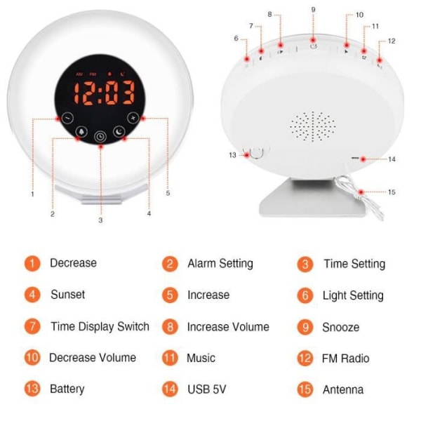 Auringonnousuherätyskello, digitaalinen valoherätyskello 6 luonnonäänellä ja FM-radiolla, aamu- ja iltahämärän simulointi, torkkutoiminto