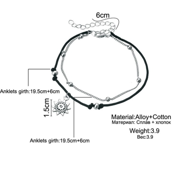 Strandflettet solankel for kvinner, bohemsk dobbeltlags antikk sølv solanheng ankel