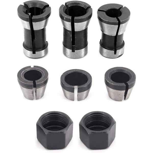 6 kpl Tarkkuusteräksiset jyrsinterän kiinnikkeet - 6mm, 6.35mm, 8mm + 2 mutteria