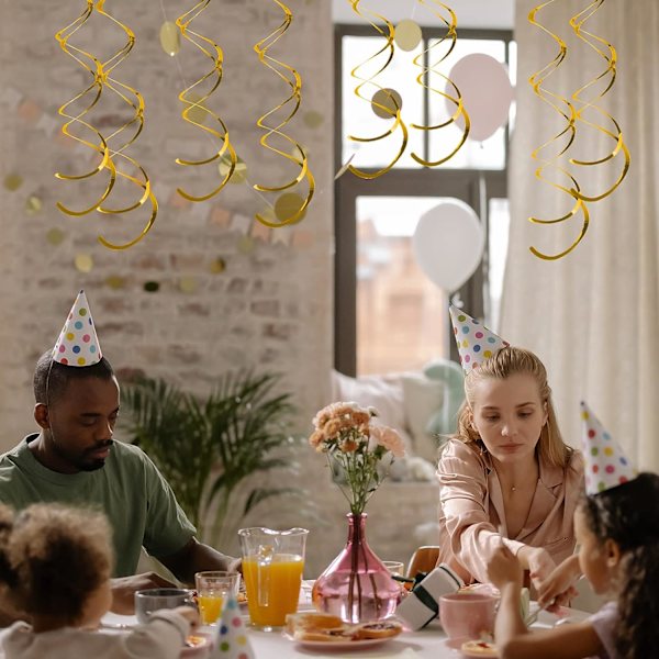 Gull hengende virveldekorasjoner i plast, flagrende festdekorasjoner i spiral for tak, bryllup, babyshower, bursdagsfester