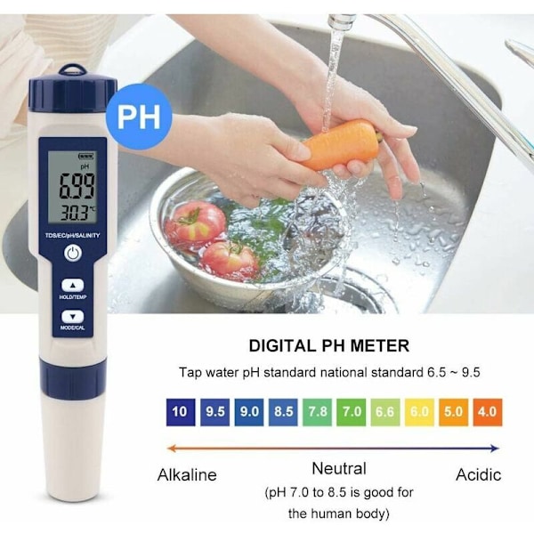 PHE Vandtester 5 i 1 Multifunktionel vandkvalitet af vand, TDS/EC/SALINITET/PH/Digital temperatur til drikkevand, swimmingpool, akvarium, a