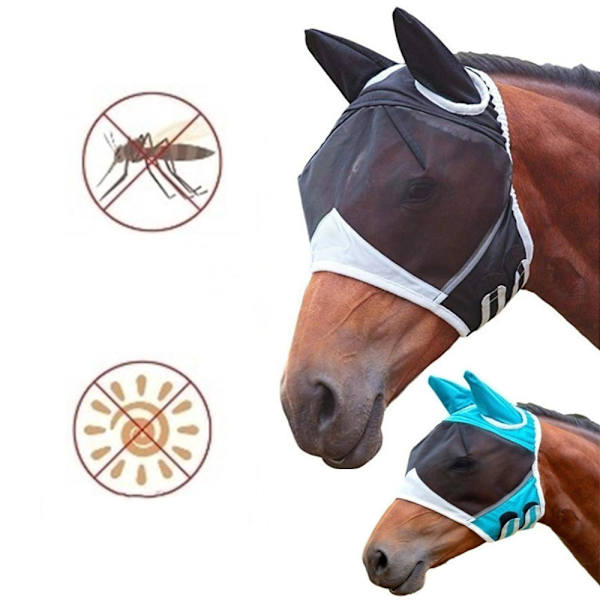 2PCS Petbank Hesteflue Maske, Anti-UV Heste Ride Flue Maske med Øre Net/Pandelok Hul/Reflekterende Trim,M Sort Hvid