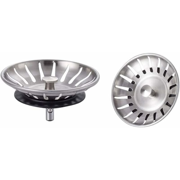 2 diskbänkslock i rostfritt stål - Universal diskbänksplugg (diameter: 78 mm), diskbänksavlopp med 18 slitsar, anti-igensättningsgaller, diskbänkskorg med snabb