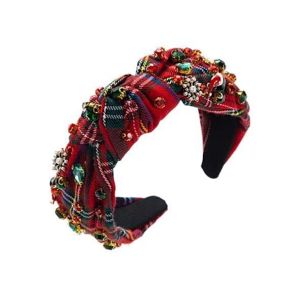Juldiadem för kvinnor, röd rutig diadem med ädelstenar och kristaller, bred knut, julhårband, julklapp (röd rutig)