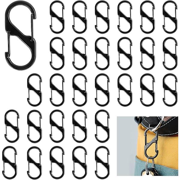30 S-formede karabiner, 40mm dobbel løkke mini aluminium karabiner for fiske, fotturer, reiser, klatring, ferie (svart).