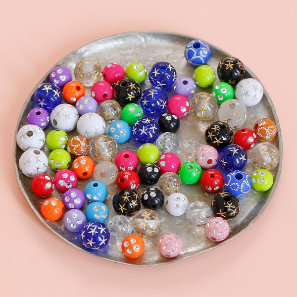 105pcs Round Plastic Beads Mix Star Shaped Beads Rhinestone Effect 8mm Multicolor Acrylic String Beads