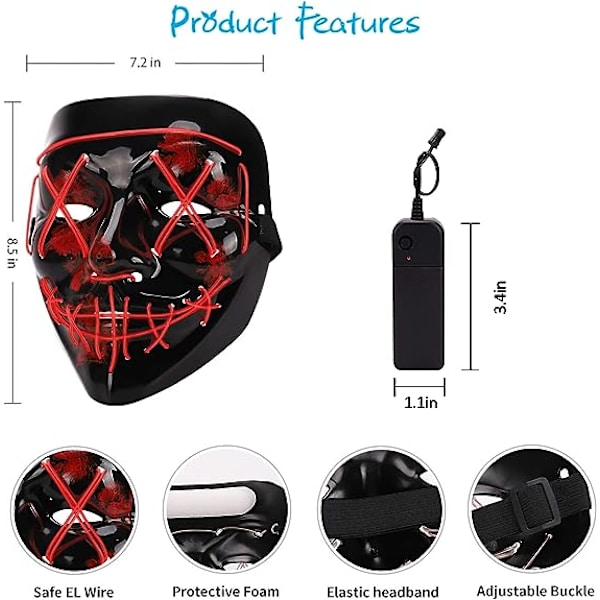 PEEOED Halloween LED skræmmende maske, Halloween dekoration rensningsmaske, 3 forskellige blinkende tilstande til Halloween karneval cosplay kostume og fester