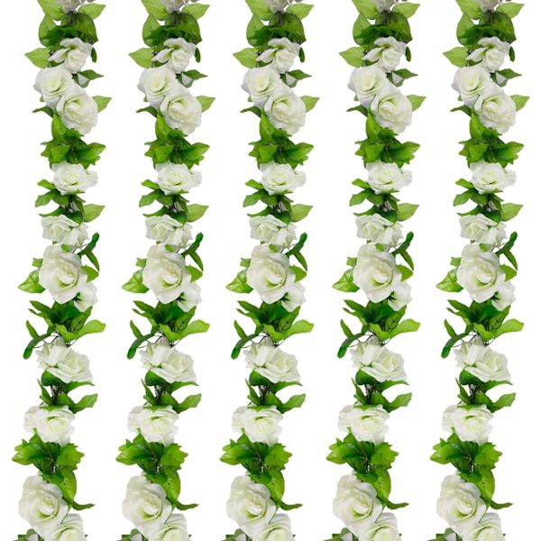 5 Strängar 230cm Långa Konstgjorda Blommor Rattan Dekorationer, Konstgjord Vit Ros Blomsterbåge för Hem, Trädgård, Fest
