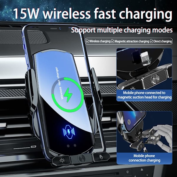 Trådløs bil lader mobiltelefon holder - 15W hurtig lading intelligent automatisk klemme luftuttak trådløs magnetisk hode lading USB-grensesnitt (svart