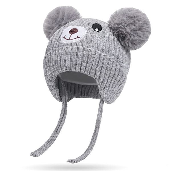 Söt björn barn vinter fleecefodrad stickad mössa med öronlappar dubbel pom pom mössa med öronlappar kallt väder varm mössa för 1-5 år gammal (grå)
