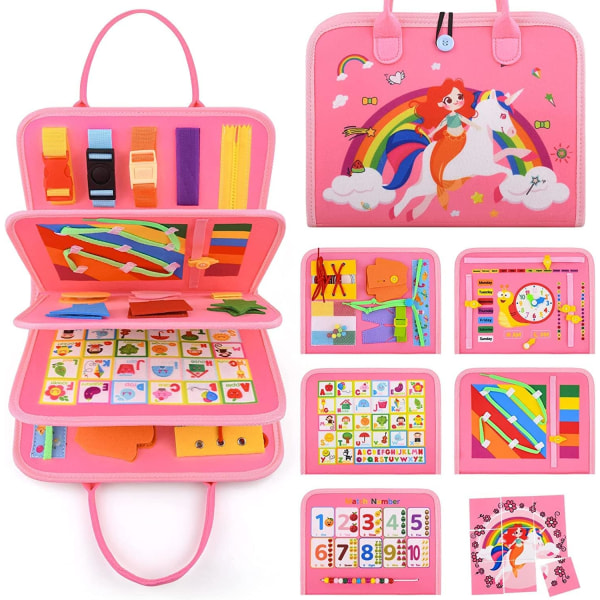 (Pink Unicorn) Busy Montessori Board lapsille, 5 Layers Montessor