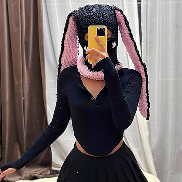 Strikkekanin Balaclava Kaninører Heklet Ansikts Skimaske Vinter Varm Genser Lue Fluffy Hette Skjerf Lue Kvinner