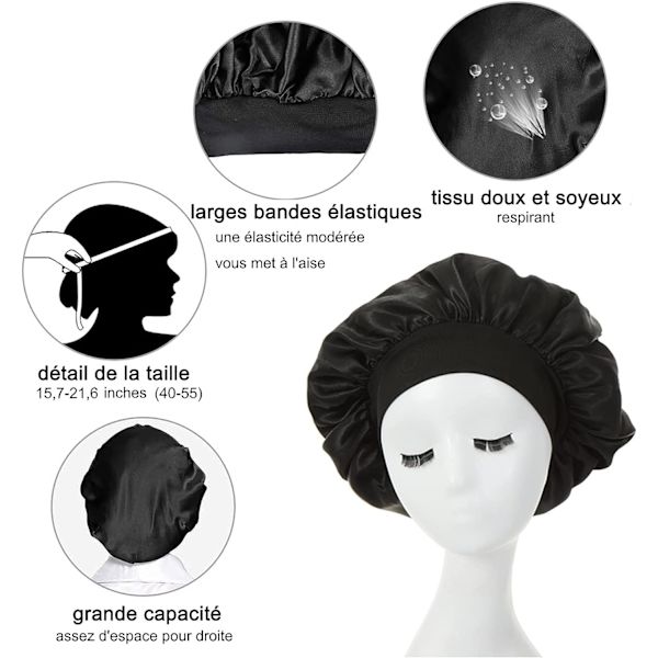 Natsatin Bonnet, Søvnhatte, Elastisk Bredt Bånd til Kvinder Piger Langt Hår Beskyttelse (Sort)