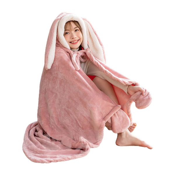 Kvinnors huvtröja filt flickor mjuk varm bärbar filt wrap cape söta kaninöron huvtröja filt cape med fickor (rosa)