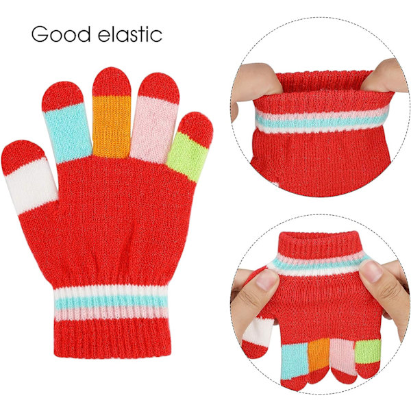 Barnvantar Vinter Stickade Färgglada Randiga Vantar Magiska Hel Finger Vantar Stretchiga Varma Vantar för Pojkar och Flickor, Unisex, 5-10 År Gamla, 6 Par