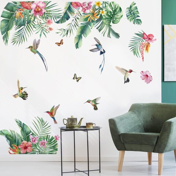 Väggdekaler Tropiska blad Väggdekal Mural Tropiska Gröna Växter Blommor Fågel Väggdekoration Sovrum Kontor