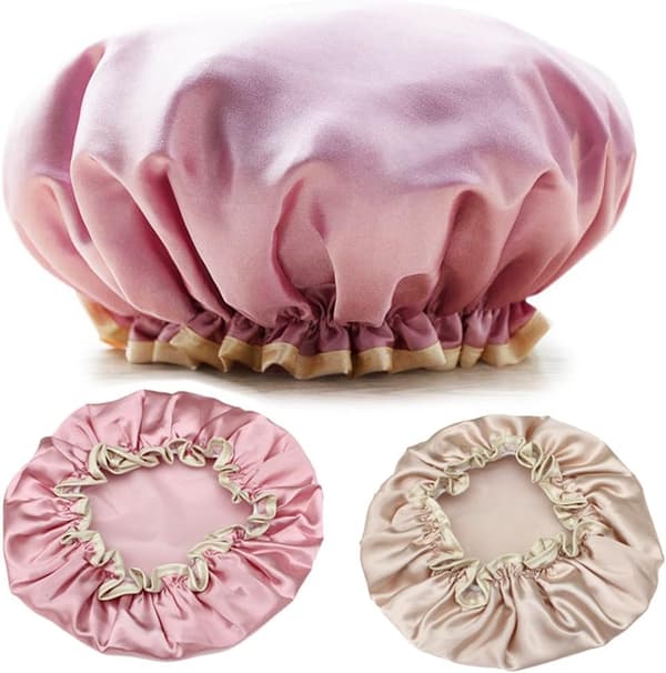 2 Lyxiga Vattentäta Duschmössor Dam Cute Elastisk Återanvändbar Salong Hattskydd (Rosa + Guld)