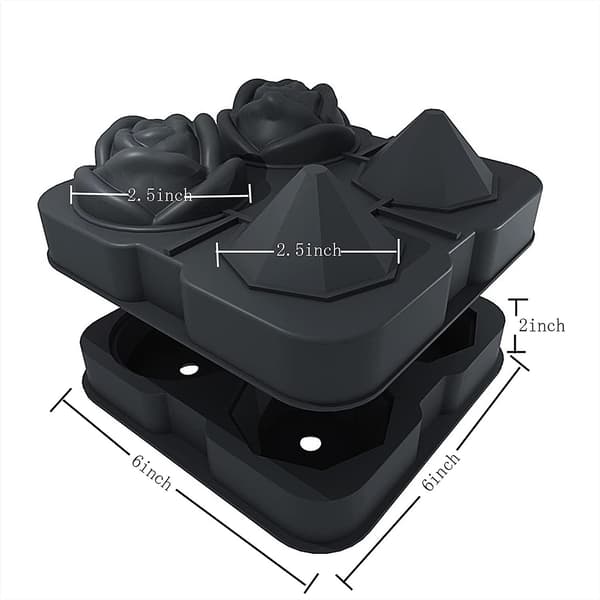 Isterningbakke, 2,5 tommer isterning silikoneforme, 2 hulrum rose 2 diamant iskugleform (sort)