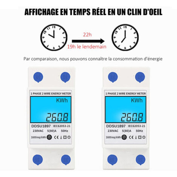 Engelsk skinne-type elektrisk energimåler husholdning enfaset elektrisk måler 220V watt-time måler multifunktion digitalt display multi-display 80A