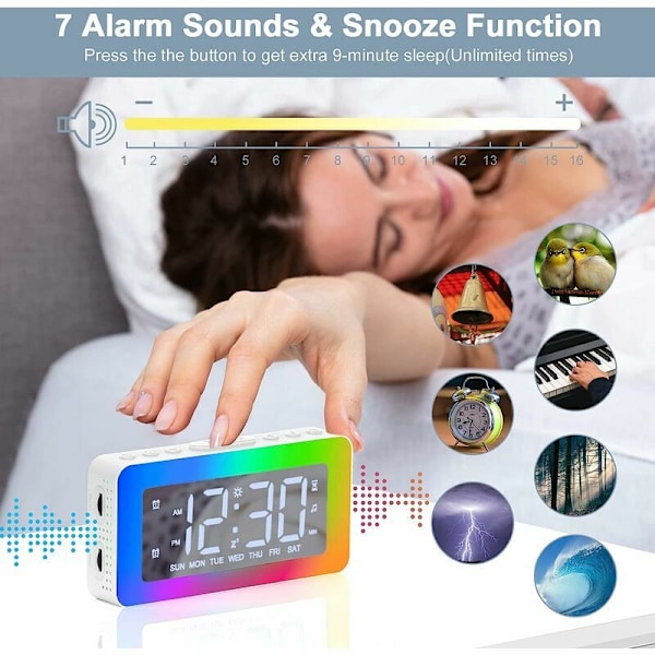Digital väckarklocka med 2 kraftfulla alarm för djupsömnare, väckarklocka med ljus, timer, 8 vita brus, väckarklocka med laddningsstation
