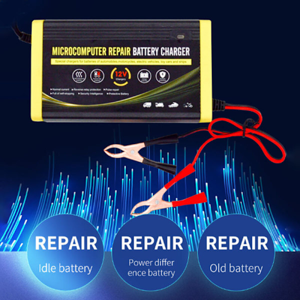 Because Batterioplader, 12V 6a Intelligent Reparationsopladning til Motorcykler, Biler, SUV'er, Tørbatterier, Vandbatterier, Blybatterier EU Stik
