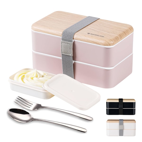Bento Box Madkasse Container Bundt Divider Japansk stil med rustfrit stål bestik ske og gaffel (Pink)