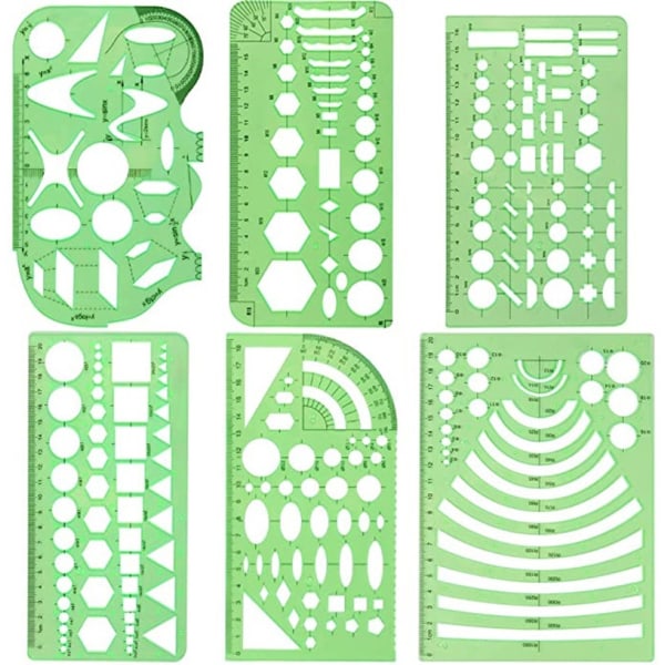 Sarja 6 Normografiaa Luonnoksia ja Kaavioita varten - Technic Trace-Forms - Ympyrät, Kolmiot, Neliöt, Suorakulmiot Stensiili - 10 Geometriset Muodot Erilaisia