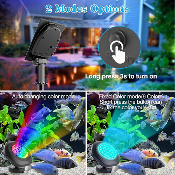 Solcellslampor för damm 2 lägen Nedsänkbar lampa med färgbyte, IP68 Vattentät, Automatisk på/av, Utomhusbelysning för trädgård, Pool (2 i 1)
