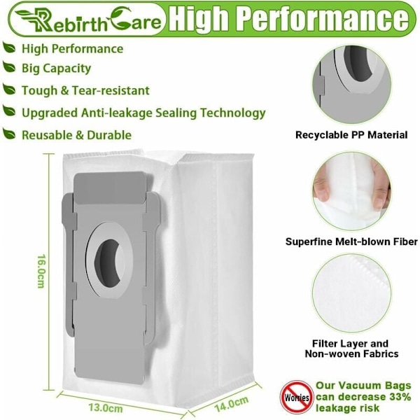 Sett med 10 støvsugerposer for Irobot Roomba i7 I7+ I7 Plus S9 S9+ i3 i3+ J7 J7+ E5 E6 E7 for Irobot Ekstraposer for Irobot Roomba i7