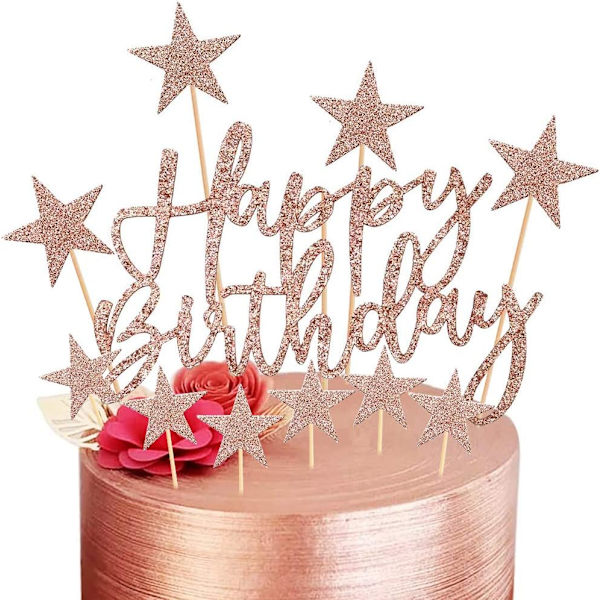 Gull bursdagskakepynt (rosa gull), 2 sett bursdagskakepynt for barn jenter gutter kvinner mann, Happy Birthday stjerner cupcake toppers for dekorasjon