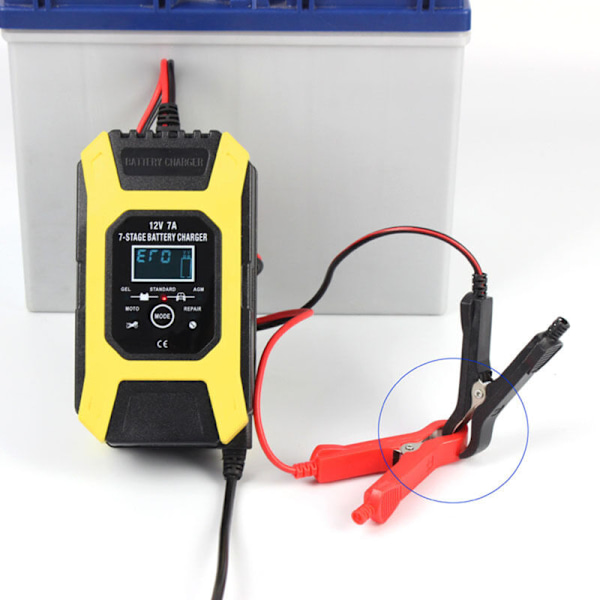 Bilbatterioplader, 12 V 7 A bly-syre batterioplader, LCD-skærm, intelligent batteriholder, 7-trins vedligeholdelsesopladere til bil, motorcykel, plæneklipper