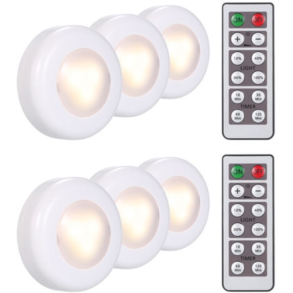 Pyöreä LED-kaappivalo kauko-ohjattavalla ajastimella, 6-osainen set
