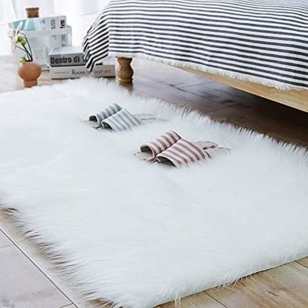 Tekokarvan matto, keinokarvan matto, mukava ja aitoon villaan verrattava keinokarvan matto, keinotekoinen ylellinen villainen sohvamatto tyyny (Valkoinen, 60x90cm neliö)