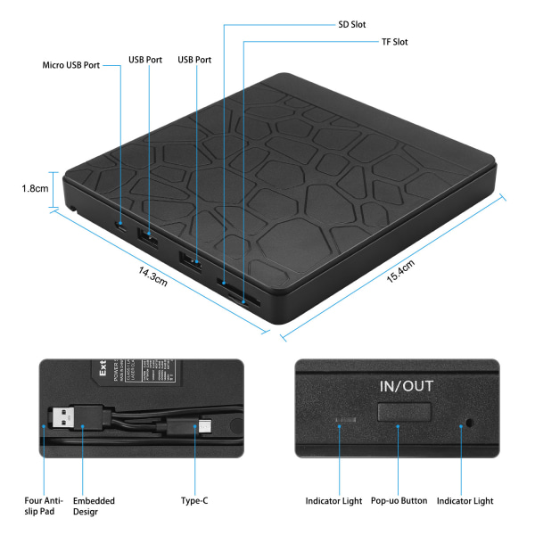 USB 3.0 USB 2.0/Type-c Ulkoinen CD/DVD-asema, musta