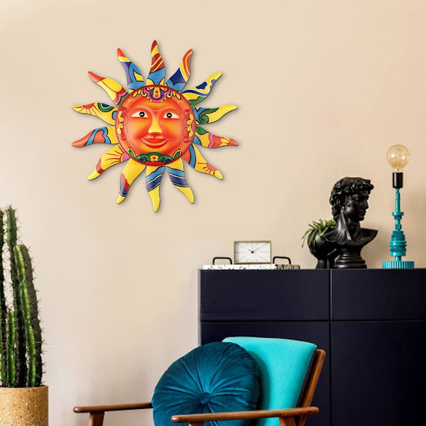 Metall Sol Veggkunst Dekor Fargerik Metall Sol Ansikt for Stue Soverom Hjemmekontor Bar Butikk Uteplass Hagedekorasjon (Gul)