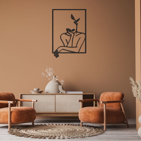Minimalistisk Sort Metal Linje Vægophæng Dekoration - Moderne Abstrakt Feminin Kunst - til Soveværelse, Stue, Badeværelse, Altan